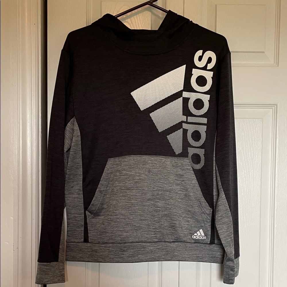 Youth L (18-20)Adidas hooded sweatshirt black/gray graphic Kangaroo pouch/pocket